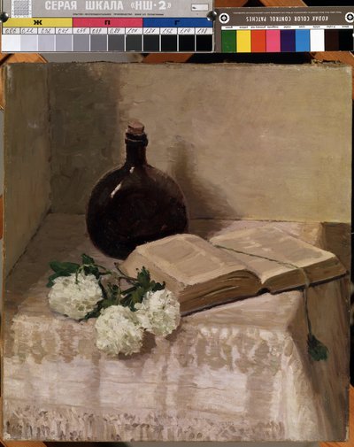 "Natura morta con flacone, libro aperto e fiori bianchi" (Natura morta con un libro) Dipinto di Johannes Hansch (1875-1946) Dim. 45 x 41,5 cm Museo delle Belle Arti di Mikalojus Konstantinas Ciurlionis, Kaunas, Lituania da J. Hansch