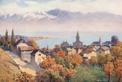 Morges e il Lago dalla Strada per Vufflens (litografia a colori) da J. Hardwicke Lewis