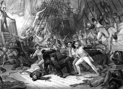 Nelson che sale a bordo del San Josef, Battaglia di Capo San Vincenzo, 1797 da J. J. Crew