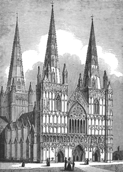 Facciata ovest della cattedrale di Lichfield, Staffordshire, c1843 da J. Jackson