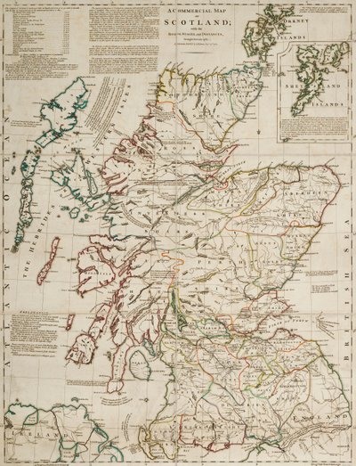 Mappa commerciale della Scozia con strade, tappe e distanze da J. Knox