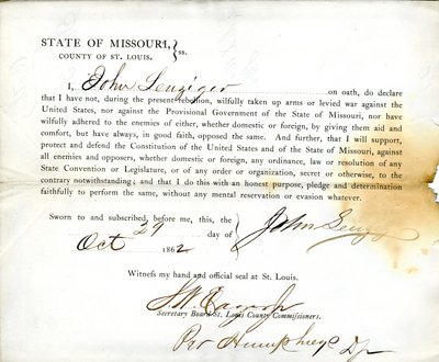 Giuramento di fedeltà di John Leuziger del Missouri, Contea di St. Louis da J. Leuziger