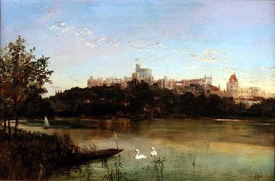 Figure in una barca e cigni sul Tamigi con il Castello di Windsor sullo sfondo da J. Lewis