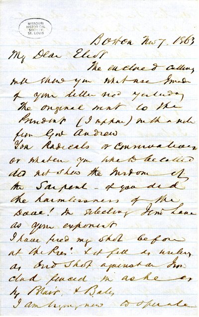 Lettera firmata J.M.F. [J.M. Forbes], Boston, a Eliot [William G. Eliot], 7 novembre 1863 da J. M. Forbes