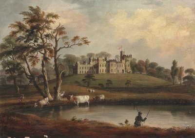 Una vista del castello di Hornby, Yorkshire, con un pescatore e bestiame sulle rive del fiume Wenning da J. Miller