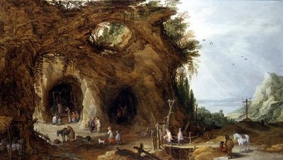Pellegrini a un santuario in un paesaggio montuoso da J. and Momper J. de Brueghel