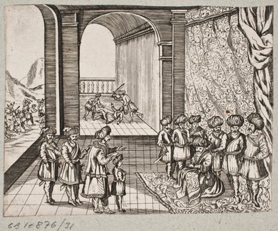Illustrazione per Adam Olearius, "Persianischer Rosenthal von einem Sinnreichen Poeten Schich Saadi [...]", Schleswig 1660 da J. Muller