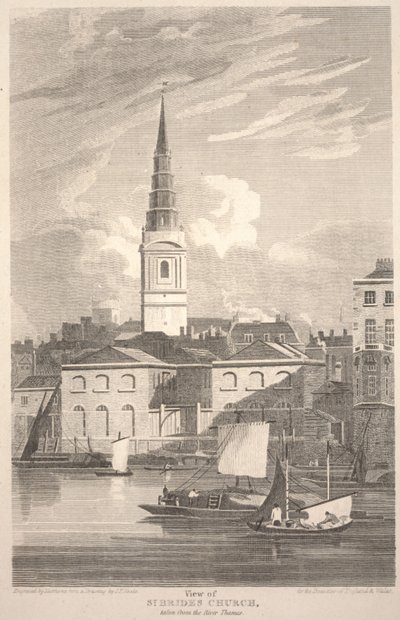 Veduta della chiesa di St. Brides, presa dal fiume Tamigi, incisa da Matthews da John Preston Neale
