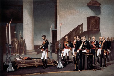 Re Amedeo I davanti alla bara del generale Prim, incisione di J. Palacios da J. Palacios
