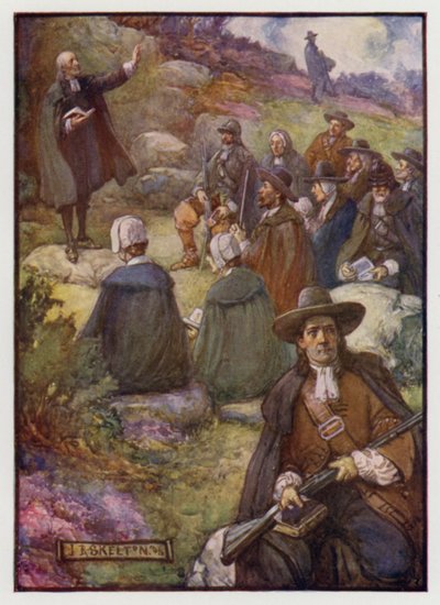 Sentinelle armate che sorvegliano durante una riunione dei Covenanters scozzesi, XVII secolo da J. R. Skelton