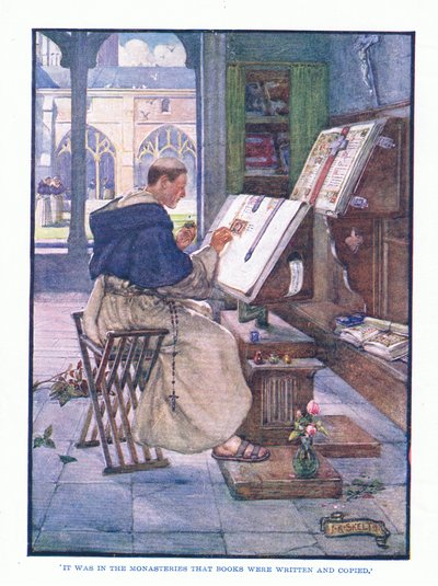 Nei monasteri venivano scritti e copiati i libri, da English Literature pub. da T C & EC Jack, c.1920 da J. R. Skelton