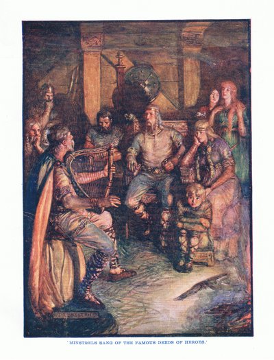 I menestrelli cantavano le gesta famose degli eroi, da Letteratura inglese pub. da T C & EC Jack, c.1920 da J. R. Skelton