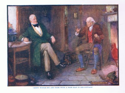 Scott parlava con un povero uomo nel suo cottage, da Letteratura Inglese pub. da T C & EC Jack, c.1920 da J. R. Skelton