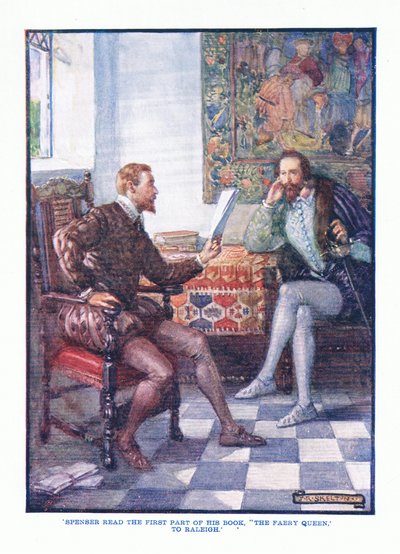 Spenser lesse la prima parte del suo libro La Regina delle Fate a Raleigh, da Letteratura Inglese pub. da T C & EC Jack, c.1920 da J. R. Skelton