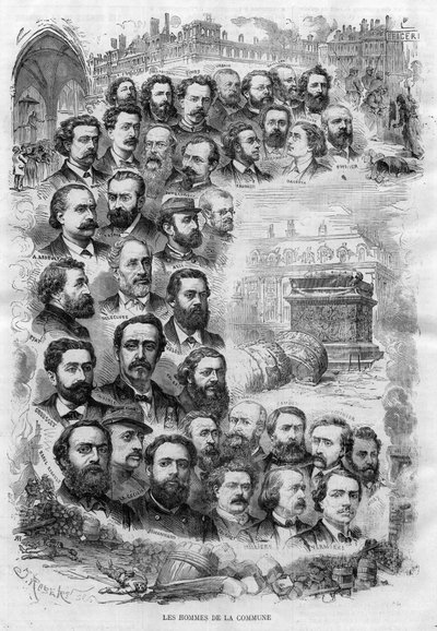 Gli uomini della Comune di Parigi 1870 incisione di J Robert del 1870 - (Charles Delescluze, Felix Pyat, Charles Ferdinand Gambon, Paschal Grousset, Jules Valles e Gustave Courbet, Arthur Arnould, Charles Amouroux, Victor Clement, Jules Bergeret ecc...) da J Robert
