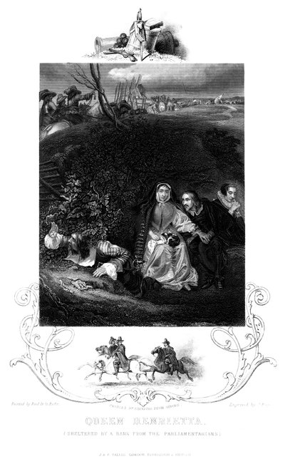 La regina Enrichetta 1609-1669 riparata da una banca dai parlamentari, XIX secolo da J. Rogers
