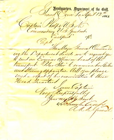 Lettera di J. Schuyler Crosby, Grand Ecore, Louisiana, a Seth Ledyard Phelps, comandante U. S. S. Eastport, 12 aprile 1864 da J. Schuyler Crosby