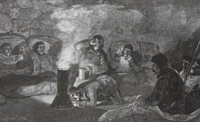 Interno della nostra capanna invernale a Camp Clay, durante la cottura, 1883 pub. Londra 1886 da J. Steeple Davis