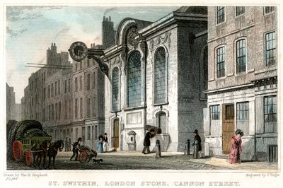 Chiesa di San Swithin e la Pietra di Londra, Cannon Street, Città di Londra, c1830 da J. Tingle