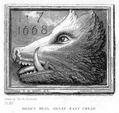 Insegna della locanda del Boars Head Tavern, Eastcheap, Londra, XIX secolo da J. Tingle