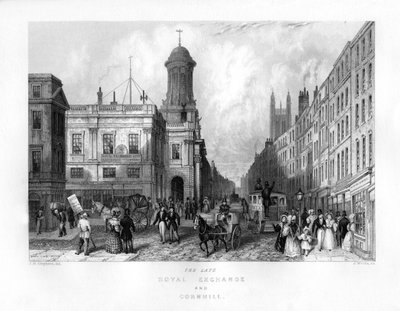 Il defunto Royal Exchange e Cornhill, Londra, XIX secolo da J. Woods