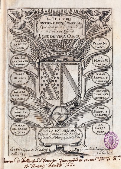 Mezza pagina del titolo della raccolta di dodici commedie di Felix Lope de Vega Carpio (1562-1635) da J. de (after) Courbes