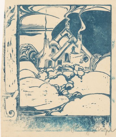Casa con camini fumanti in paesaggio collinare da Jac Jongert (signed by artist)
