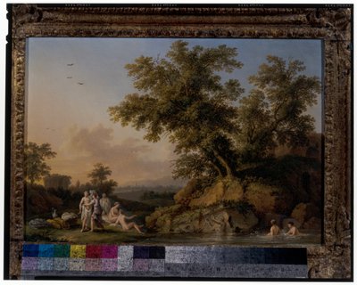 Una coppia di paesaggi con ninfe che fanno il bagno da Jacob Philippe Hackert