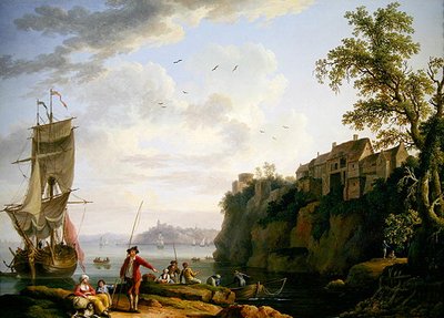 Pescatori vicino a una nave ormeggiata con un villaggio da Jacob Philippe Hackert