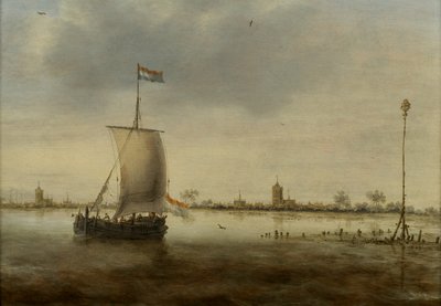 Una nave a vela lungo la costa di una città olandese che si pensa sia Schoonhoven da Jacob Adriaensz. Bellevois