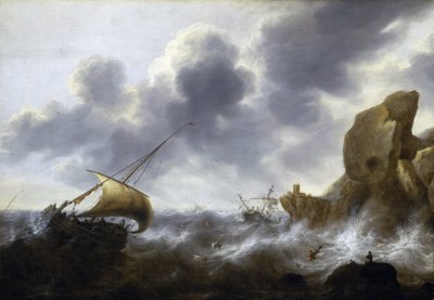 Barca da pesca catturata in una tempesta vicino a una costa rocciosa, con un naufragio da Jacob Adriaensz. Bellevois