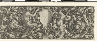 Fregio con uno scudo portato da un satiro maschio e uno femmina da Jacob Binck (signed by artist)