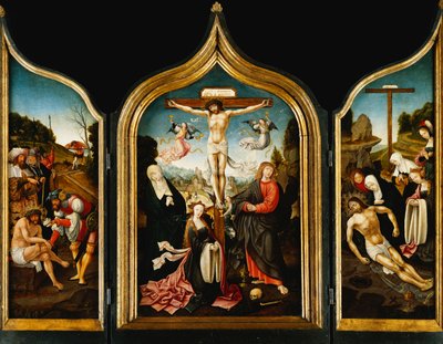 Un trittico: Cristo sulla croce con la Vergine, la Maddalena, San Giovanni Evangelista e angeli; sulle ali Cristo offre aceto prima della crocifissione e la lamentazione, l