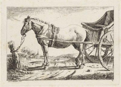Cavallo in piedi, attaccato a un carro (sei stampe da disegni di vari maestri) da Jacob Elias van Varelen