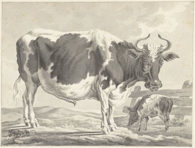 Toro pezzato nero e un maiale da Jacob Elias van Varelen