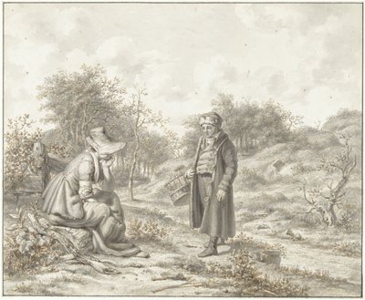 Paesaggio collinare con donna seduta e uomo in piedi con cesta da Jacob Ernst Marcus