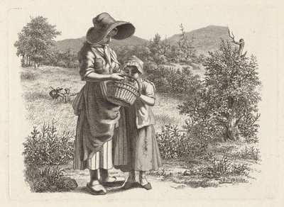 Giovane donna e bambino che guardano in un cestino (serie di stampe di studio) da Jacob Ernst Marcus