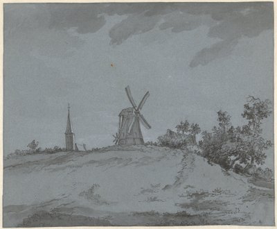 Paesaggio con mulino a vento e chiesa su una collina da Jacob Ernst Marcus