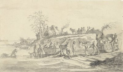 Slitte presso la riva di un fiume ghiacciato da Jacob Ernst Marcus