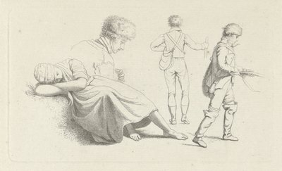 Foglio di studio con una donna addormentata e un cacciatore (Studie-prentwerk / Etudes gravées) da Jacob Ernst Marcus
