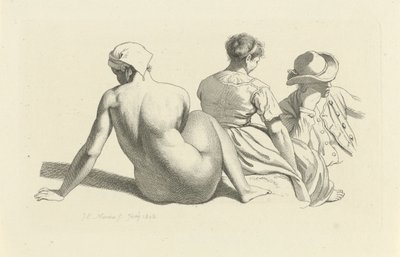 Foglio di studio con un nudo seduto e due figure (serie: Studi incisi) da Jacob Ernst Marcus