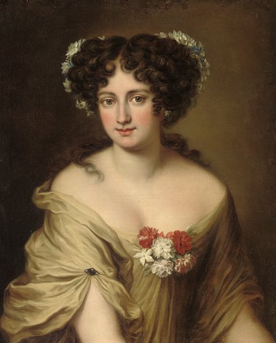 Ritratto della Contessa Ortensia Ianni Stella, busto, in una camicia avorio, con fiori nei capelli da Jacob Ferdinand Voet