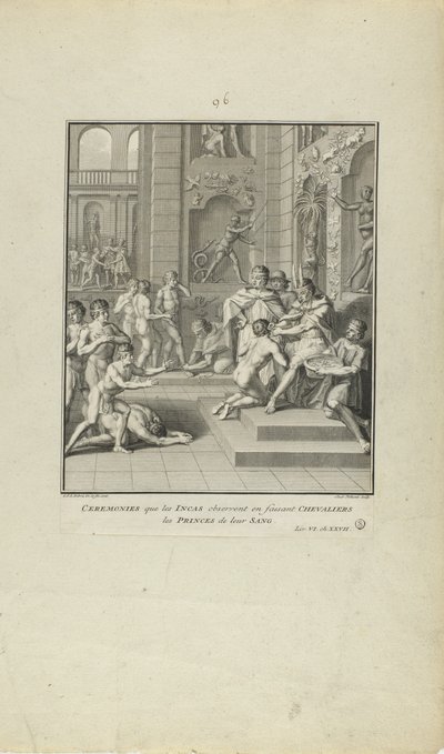 Cerimonie osservate dagli Inca per creare cavalieri/principi del loro sangue (dal libro Histoire des Yncas...etc.) da Jacob Folkema