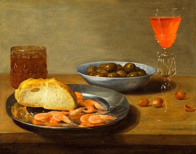 Un Piatto con Gamberi e un Rotolo e una Ciotola con Olive da Jacob  Foppens van Es