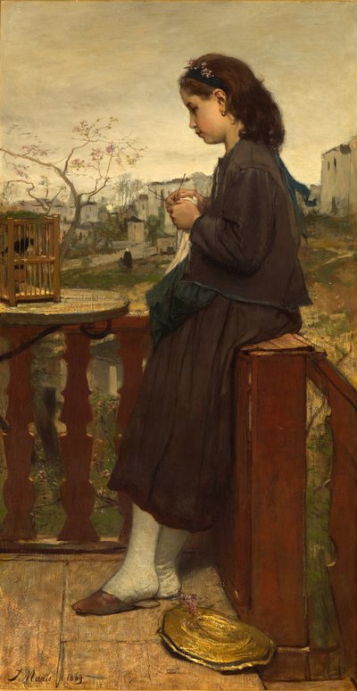 Ragazza che fa la maglia sul balcone, Montmartre, 1869 da Jacob Henricus or Hendricus Maris