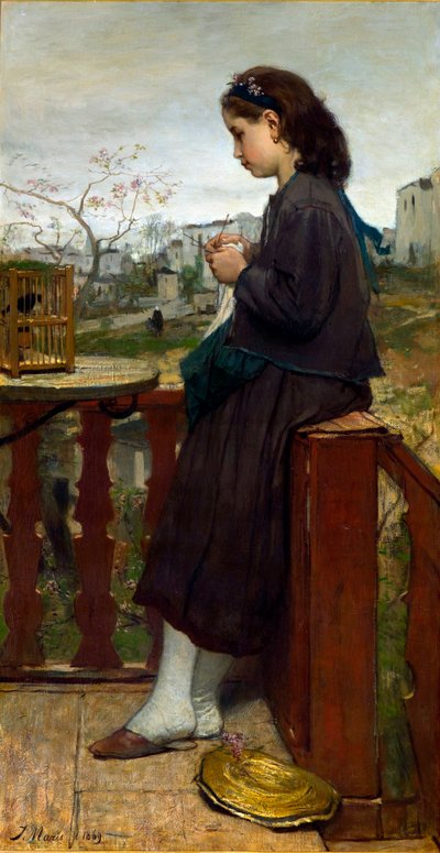 Giovane ragazza che lavora a maglia su un balcone, Montmartre da Jacob Henricus or Hendricus Maris