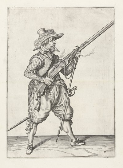 Moschettiere che posiziona il suo furket, c.1600 da Jacob II de Gheyn