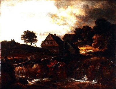 Paesaggio boscoso con contadino su un ponte sopra un torrente da Jacob I. van (follower of) Ruisdael