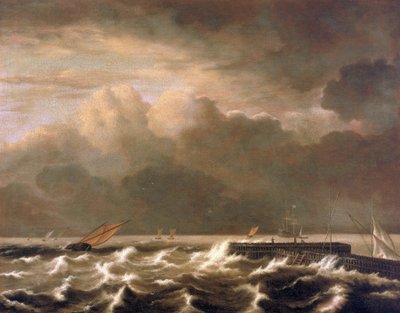 Mare tempestoso che si infrange sul molo, mostrando piccole barche da pesca catturate nella tempesta da Jacob Isaakszoon van Ruysdael