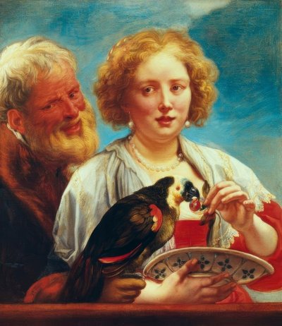 Una giovane donna con un vecchio e un pappagallo da Jacob Jordaens